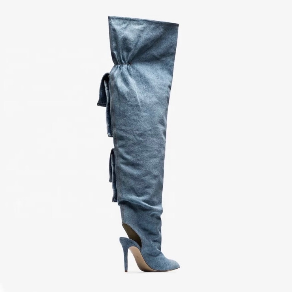 Over the knee denim print boots. Never worn. Listed on Pretty Vixen for 198.00